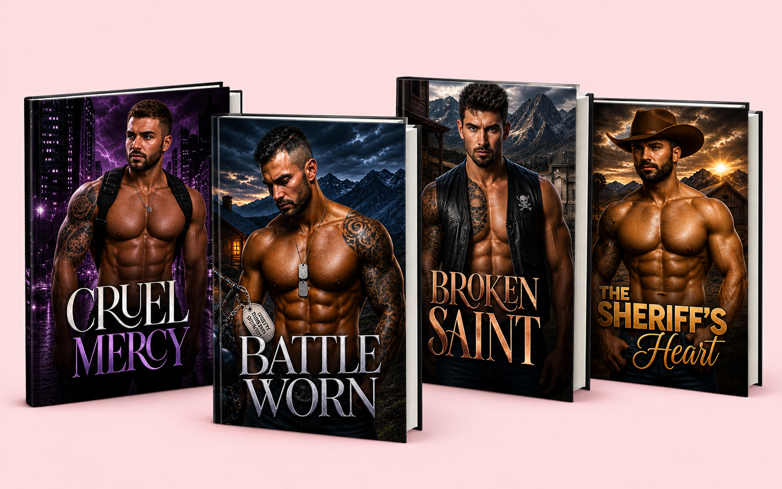 Three romance eBook cover mockups with moody, cinematic lighting
